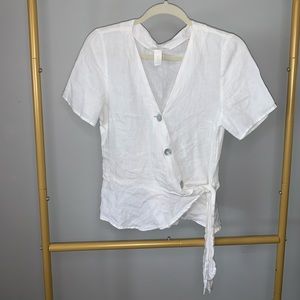 White Linen Button Tie Blouse